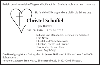 Traueranzeige von Christel Schöffel von Trauerportal Echo Online