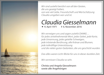 Traueranzeige von Claudia Giesselmann von Trauerportal Echo Online
