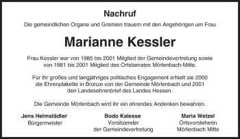 Traueranzeige von Marianne Kessler von Trauerportal Echo Online