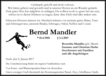 Traueranzeige von Bernd Mandler von Trauerportal Rhein Main Presse