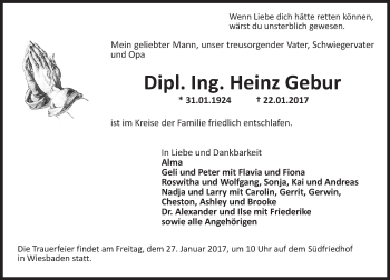 Traueranzeige von Heinz Gebur von Trauerportal Rhein Main Presse