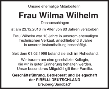 Traueranzeige von Wilma Wilhelm von Trauerportal Echo Online