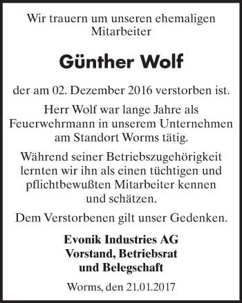 Traueranzeige von Günther Wolf von Trauerportal Rhein Main Presse