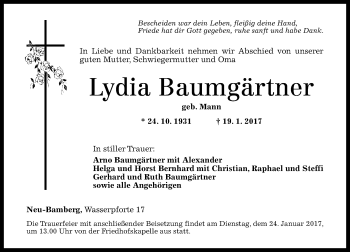 Traueranzeige von Lydia Baumgärtner von Trauerportal Rhein Main Presse