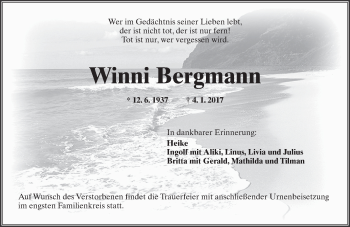 Traueranzeige von Winni Bergmann von  Kreisanzeiger