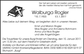 Traueranzeige von Walburga Rogler von Trauerportal Echo Online