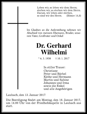 Traueranzeige von Gerhard Wilhelmi von  Gießener Anzeiger