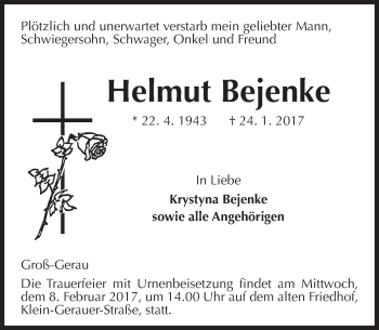 Traueranzeige von Helmut Bejenke von Trauerportal Echo Online