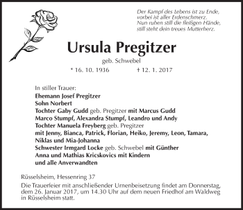 Traueranzeige von Ursula Pregitzer von Trauerportal Rhein Main Presse