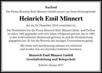 Traueranzeige von Heinrich Emil Minnert von  Kreisanzeiger