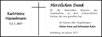 Traueranzeige von Karl-Heinz Hanselmann von  Kreisanzeiger