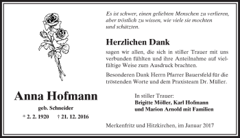 Traueranzeige von Anna Hofmann von  Kreisanzeiger