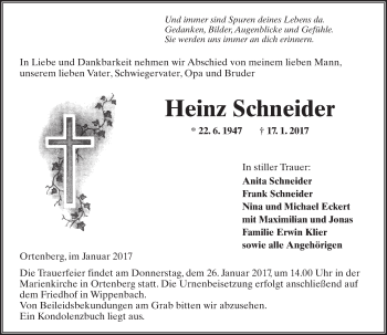 Traueranzeige von Heinz Schneider von  Kreisanzeiger