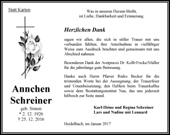 Traueranzeige von Annchen Schreiner von VRM Trauer