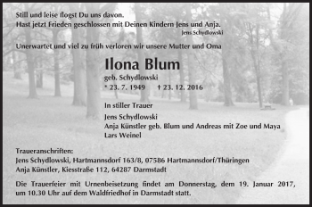 Traueranzeige von Ilona Blum von Trauerportal Echo Online