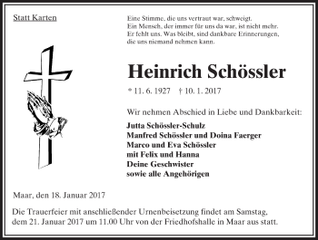 Traueranzeige von Heinrich Schössler von VRM Trauer