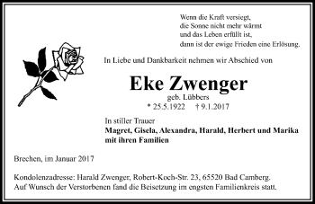 Traueranzeige von Eke Zwenger von  Camberger Anzeiger