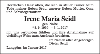 Traueranzeige von Irene Maria Seidl von  Gießener Anzeiger