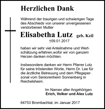 Traueranzeige von Elisabetha Lutz von Trauerportal Echo Online