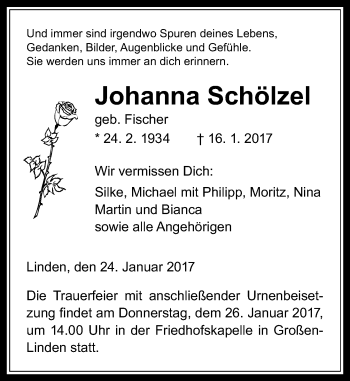 Traueranzeige von Johanna Schölzel von  Gießener Anzeiger