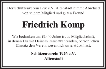 Traueranzeige von Friedrich Komp von  Kreisanzeiger