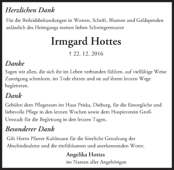 Traueranzeige von Irmgard Hottes von Trauerportal Echo Online