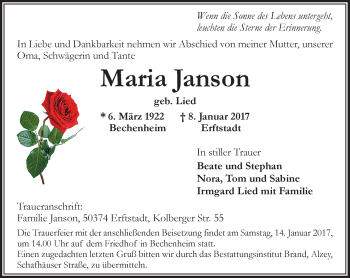Traueranzeige von Maria Janson von Trauerportal Rhein Main Presse