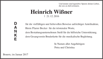 Traueranzeige von Heinrich Wißner von  Gießener Anzeiger