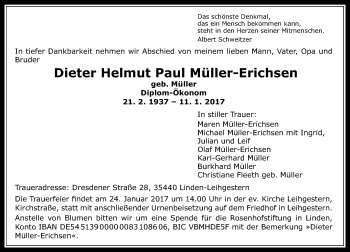 Traueranzeige von Dieter Helmut Paul Müller-Erichsen von  Gießener Anzeiger