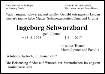 Traueranzeige von Ingeborg Schwarzbard von  Gießener Anzeiger