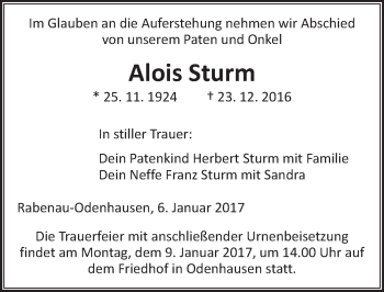 Traueranzeige von Alois Sturm von  Gießener Anzeiger