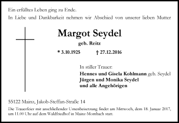 Traueranzeige von Margot Seydel von Trauerportal Rhein Main Presse