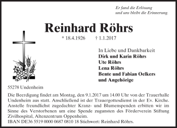 Traueranzeige von Reinhard Röhrs von Trauerportal Rhein Main Presse
