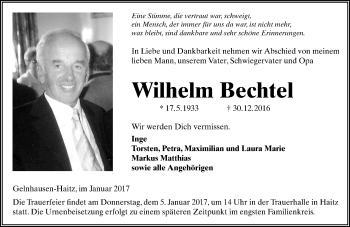 Traueranzeige von Wilhelm Bechtel von  Gelnhäuser Tageblatt