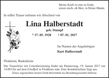 Traueranzeige von Lina Halberstadt von Trauerportal Rhein Main Presse