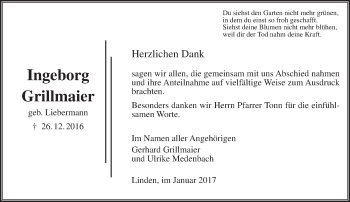 Traueranzeige von Ingeborg Grillmaier von  Gießener Anzeiger