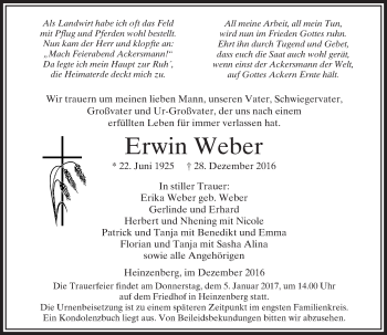 Traueranzeige von Erwin Weber von  Usinger Anzeiger