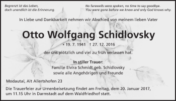 Traueranzeige von Otto Wolfgang Schidlovsky von Trauerportal Echo Online