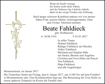 Traueranzeige von Beate Fahldieck von Trauerportal Rhein Main Presse