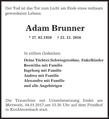 Traueranzeige von Adam Brunner von Trauerportal Echo Online