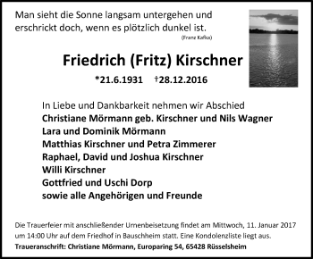 Traueranzeige von Friedrich Kirschner von Trauerportal Rhein Main Presse