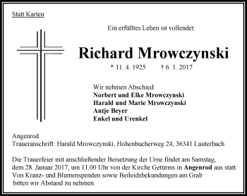 Traueranzeige von Richard Mrowczynski von VRM Trauer