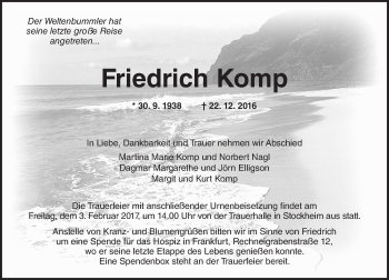 Traueranzeige von Friedrich Komp von  Kreisanzeiger