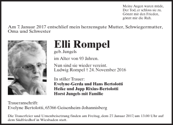 Traueranzeige von Elli Rompel von Trauerportal Rhein Main Presse