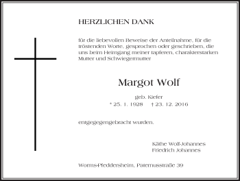 Traueranzeige von Margot Wolf von Trauerportal Rhein Main Presse