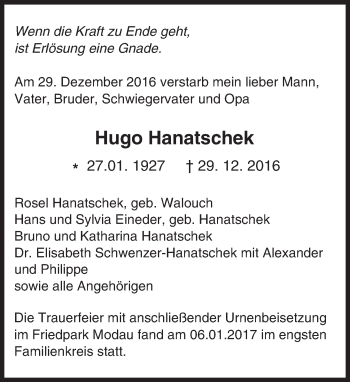 Traueranzeige von Hugo Hanatschek von Trauerportal Echo Online