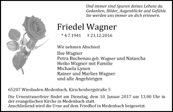 Traueranzeige von Friedel Wagner von Trauerportal Rhein Main Presse