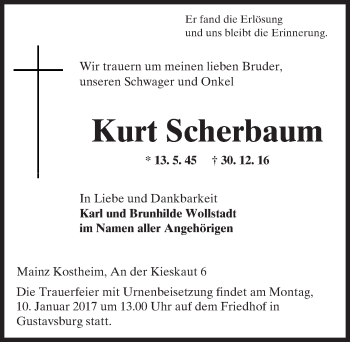 Traueranzeige von Kurt Scherbaum von Trauerportal Rhein Main Presse