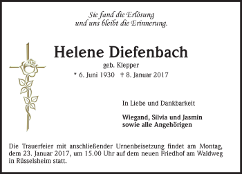 Traueranzeige von Helene Diefenbach von Trauerportal Rhein Main Presse