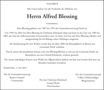 Traueranzeige von Alfred Blessing von Trauerportal Echo Online